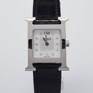 Hermes 25mm Black Alligator Stainless Steel And Diamond Heure H Quartz Watch